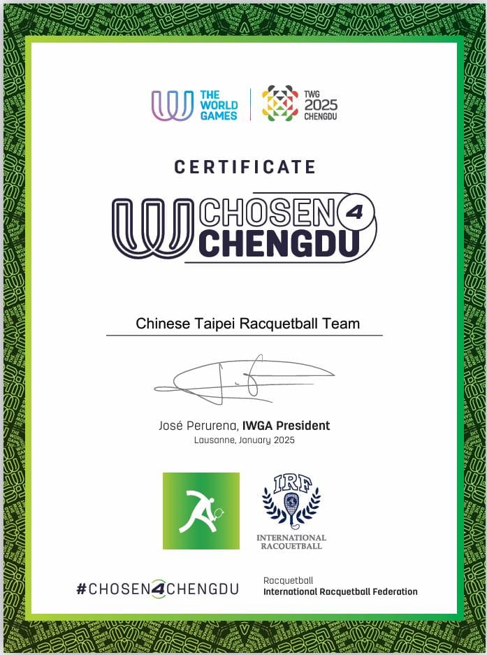 Chinese Taipei Squash Team qualified for the 2025 Chengdu World Games Squash Championships.
