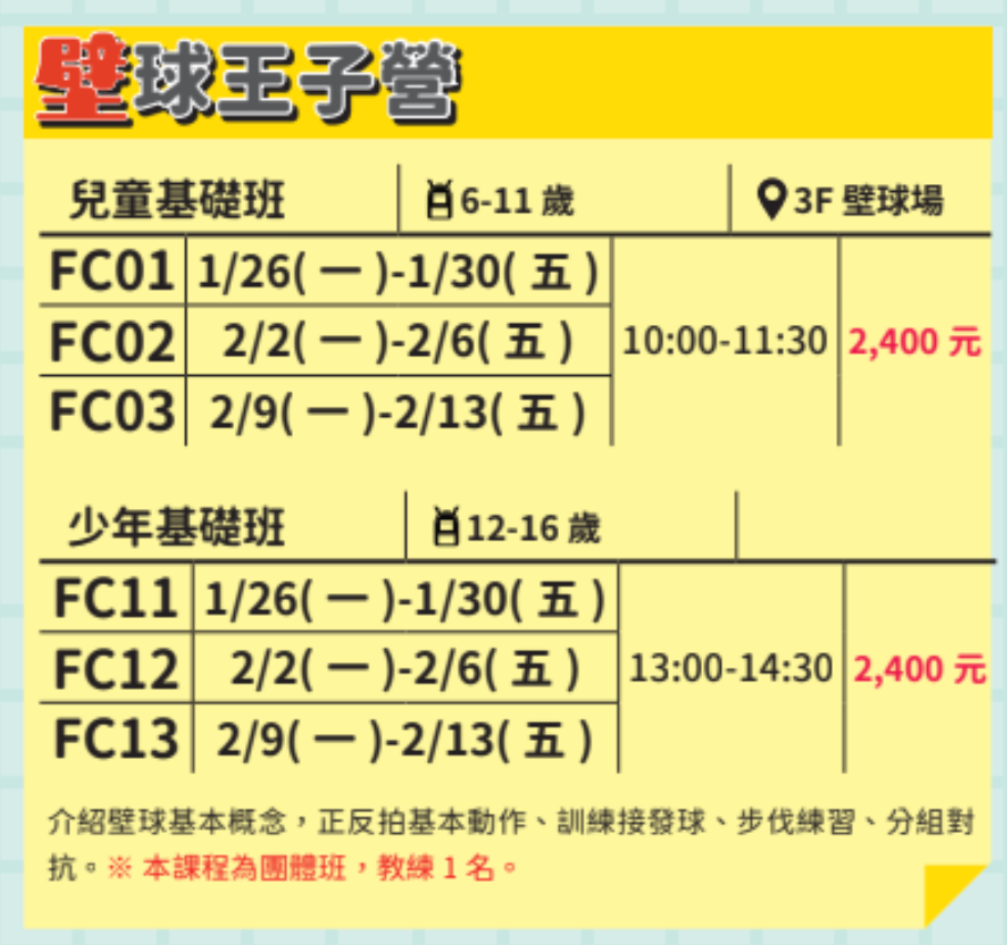 林口國運中心 115年冬令「壁球王子營」開跑！兒童/少年基礎班 熱烈招生中