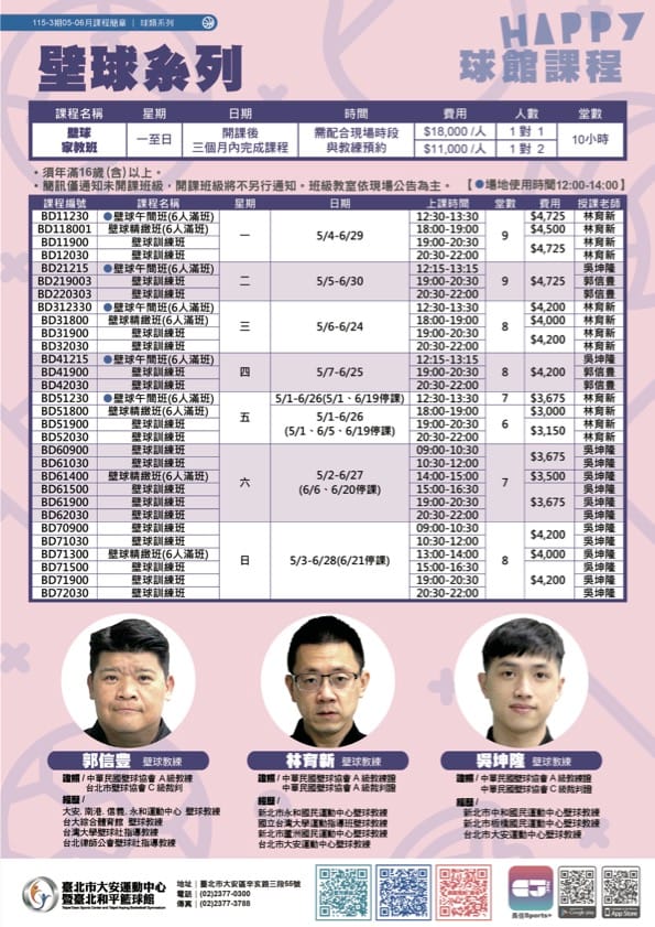 2026 大安運動中心壁球課推薦｜115-3 期（5-6 月）雙月課程：快閃限時 88 折優惠，專業國手級教練帶你快速上手！